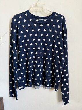 J.Crew 100% Cashmere Heart Print Crewneck Sweater Navy Ivory Large